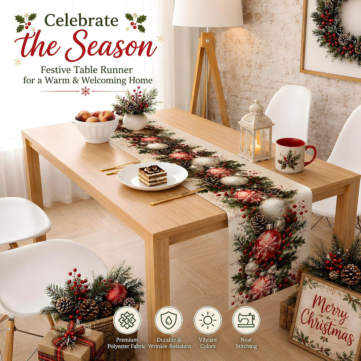 🎄🔴Christmas Ball & Pine Cone Table Runner| Holiday Table Decor for Dining Room