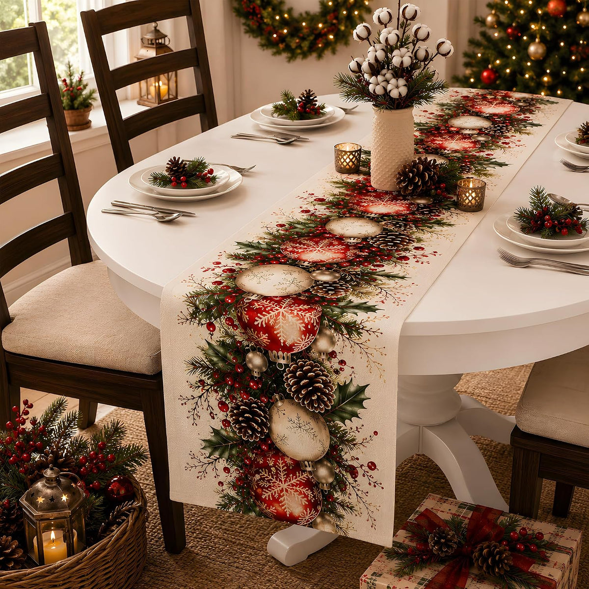 🎄🔴Christmas Ball & Pine Cone Table Runner| Holiday Table Decor for Dining Room