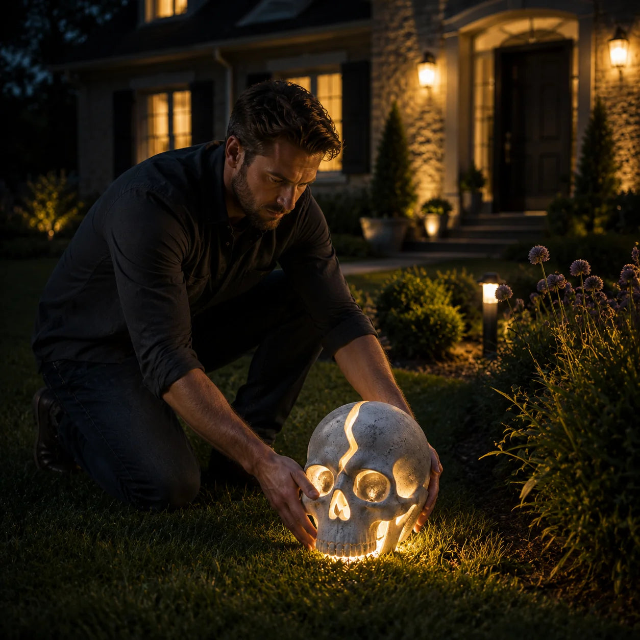 💀 Cracked Skull Solar Garden Light | Gothic Spooky Skull Landscape Yard Lamp
