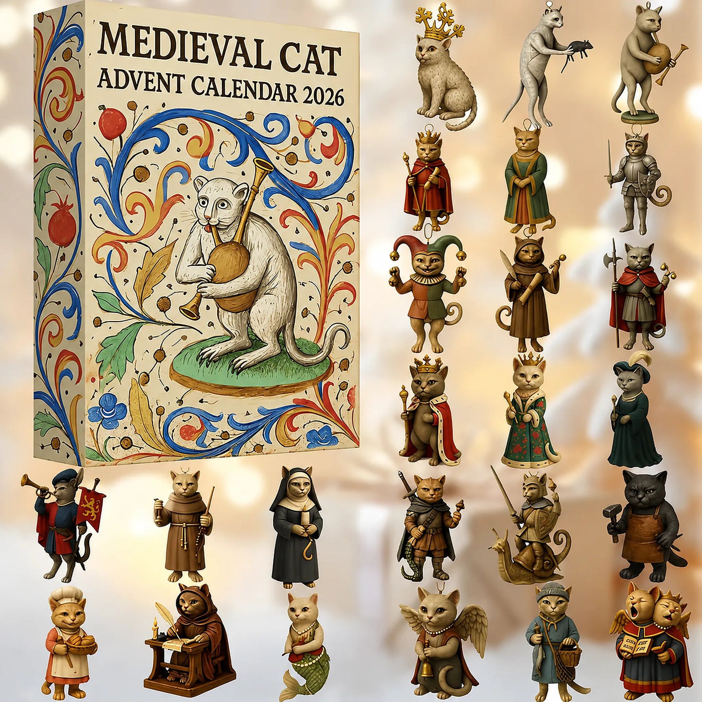 🏰 Medieval Cat Advent Calendar – 24 Unique Ornaments, A Whimsical Holiday Countdown for Cat Lovers & Collectors