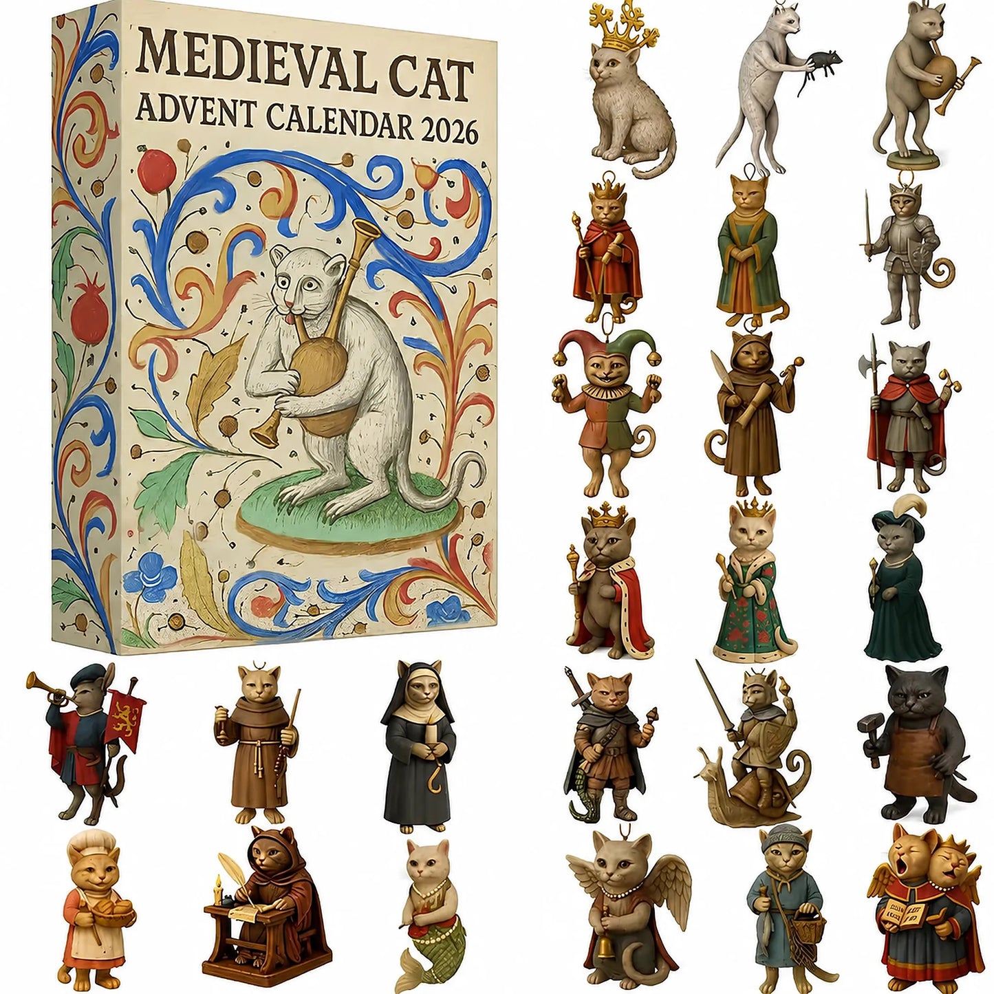 🏰 Medieval Cat Advent Calendar – 24 Unique Ornaments, A Whimsical Holiday Countdown for Cat Lovers & Collectors