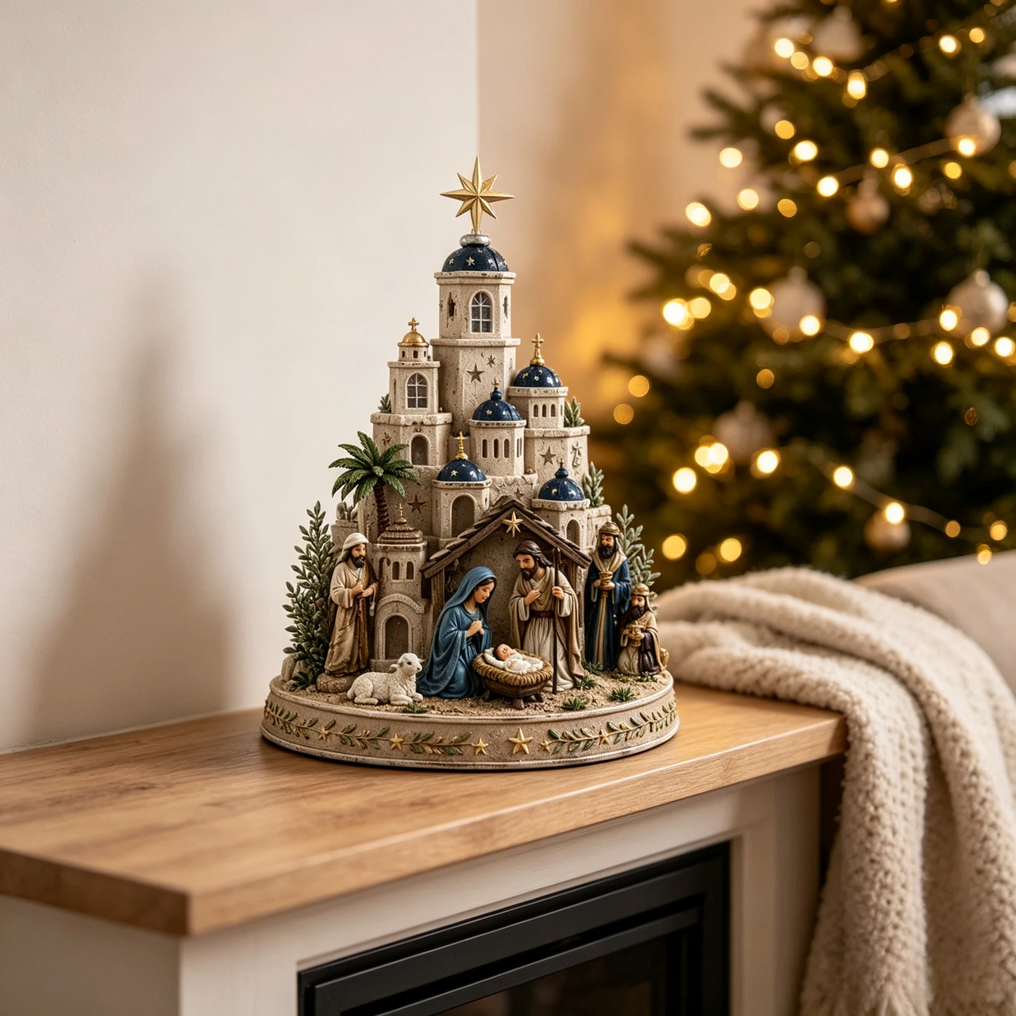 ⛪ Bethlehem Church Nativity Figurine – Classic Blue & White European Style Christmas Tabletop Decor