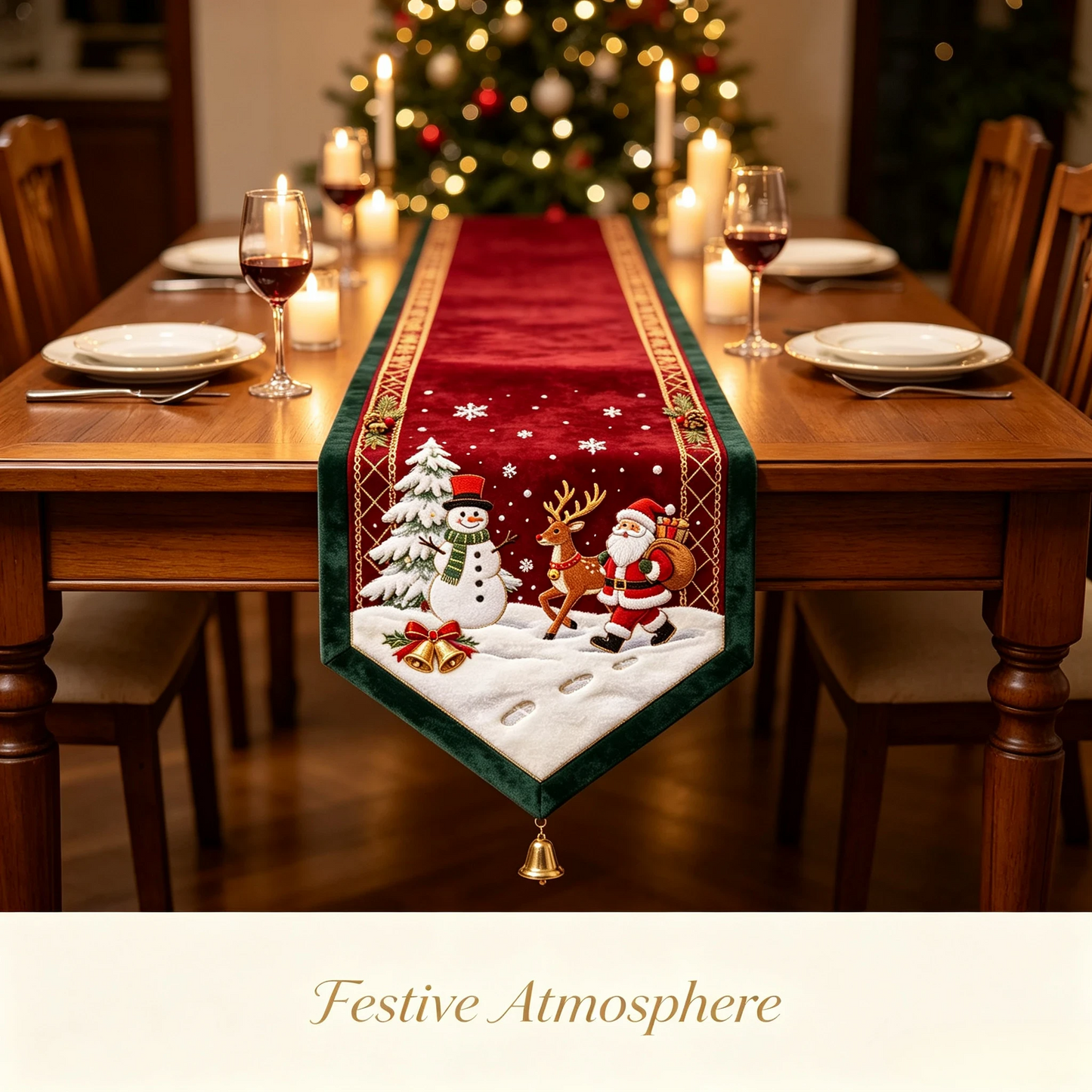 🎄 Embroidered Christmas Table Runner – Velvet Holiday Decor with Golden Bell, 3 Sizes for Dining Tables