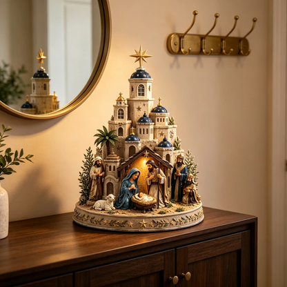 ⛪ Bethlehem Church Nativity Figurine – Classic Blue & White European Style Christmas Tabletop Decor