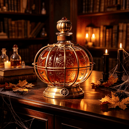 🎃 Halloween Alchemist Pumpkin-Sphere Decanter – Vintage Crystal Whiskey Decanter with Brass Frame & Leather Strap 🥃