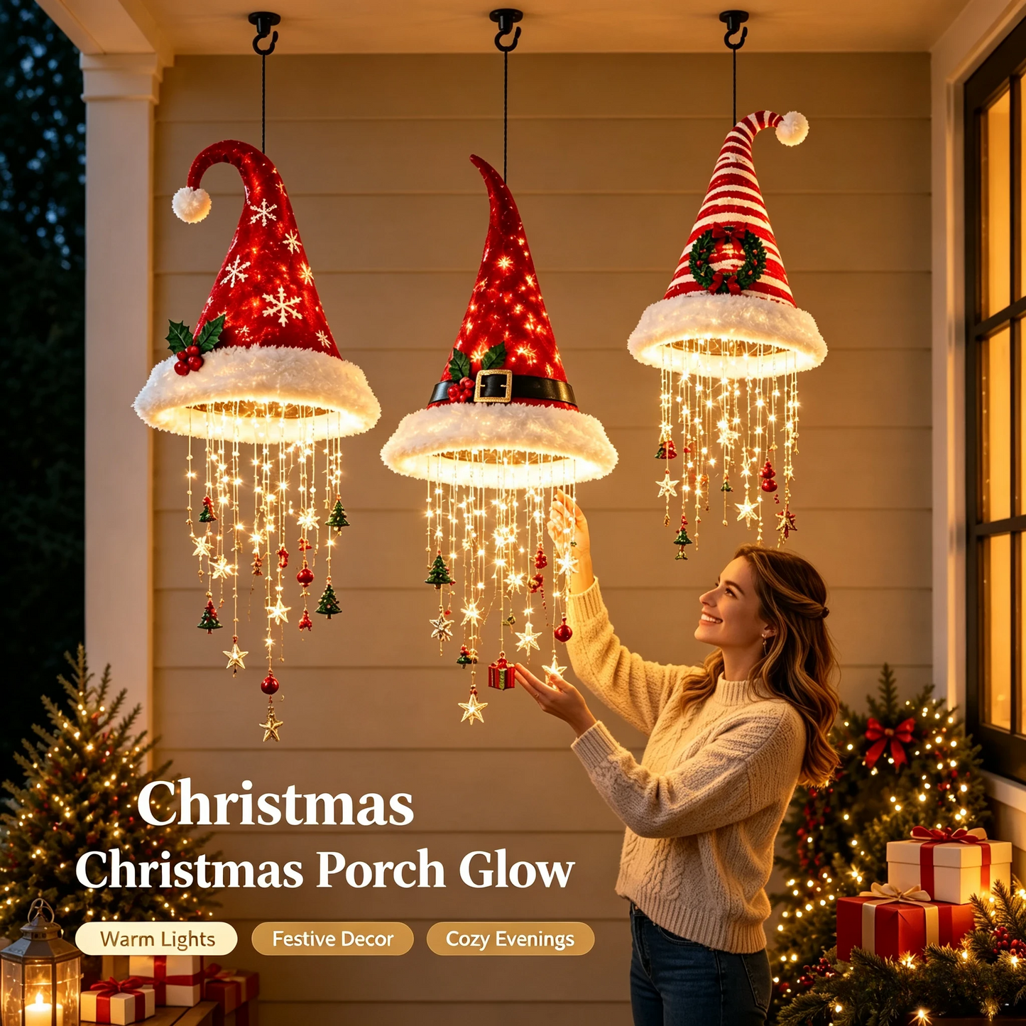 🎅 Santa Hat Pendant Lamp – Warm LED Hanging Christmas Porch Light 🎄