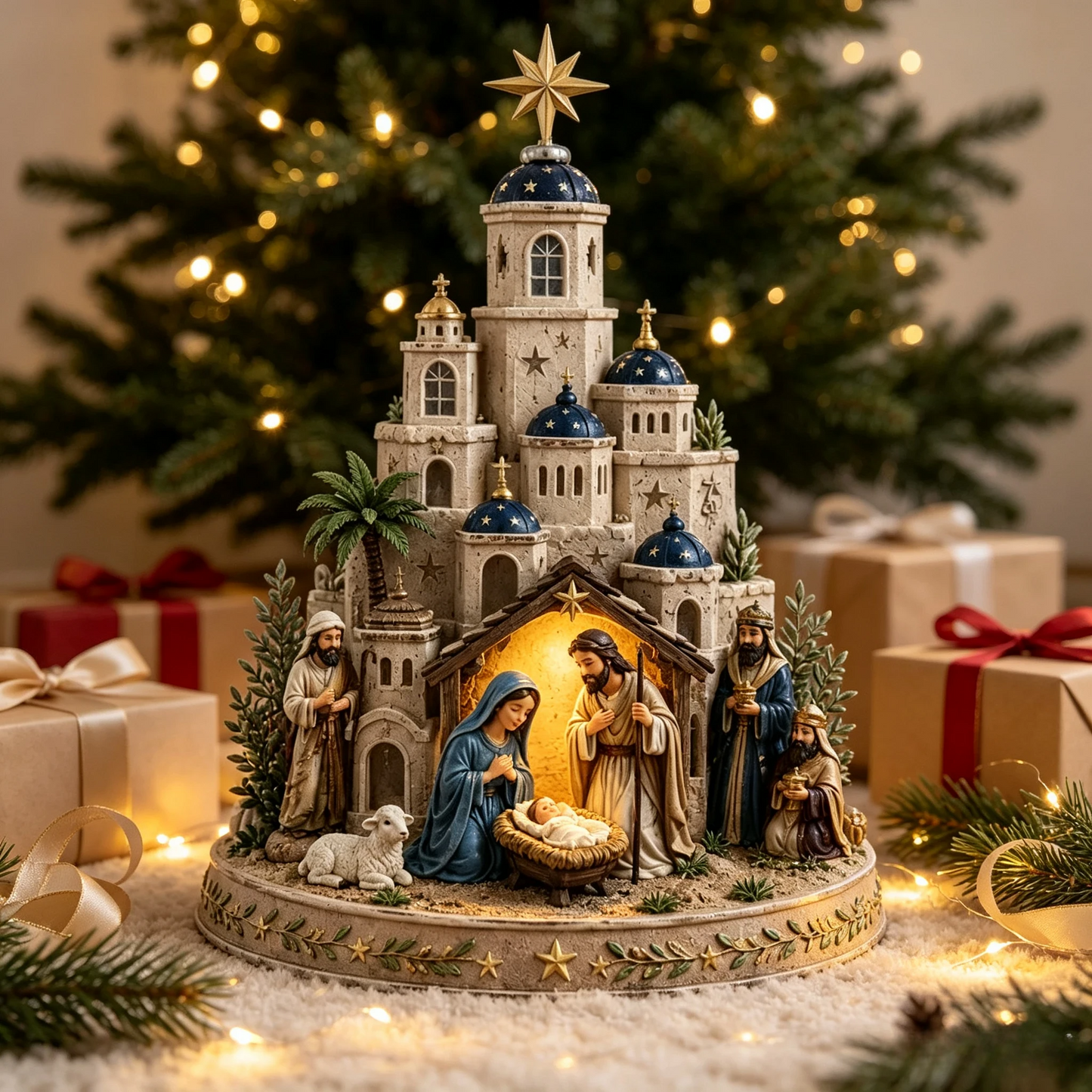 ⛪ Bethlehem Church Nativity Figurine – Classic Blue & White European Style Christmas Tabletop Decor