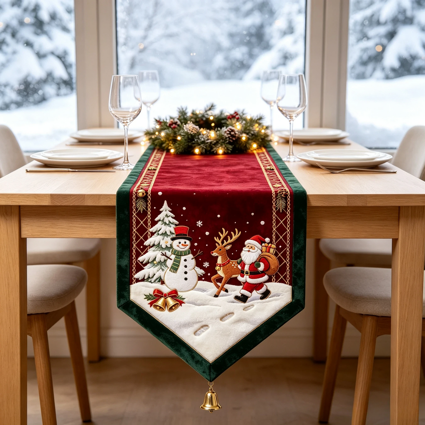 🎄 Embroidered Christmas Table Runner – Velvet Holiday Decor with Golden Bell, 3 Sizes for Dining Tables