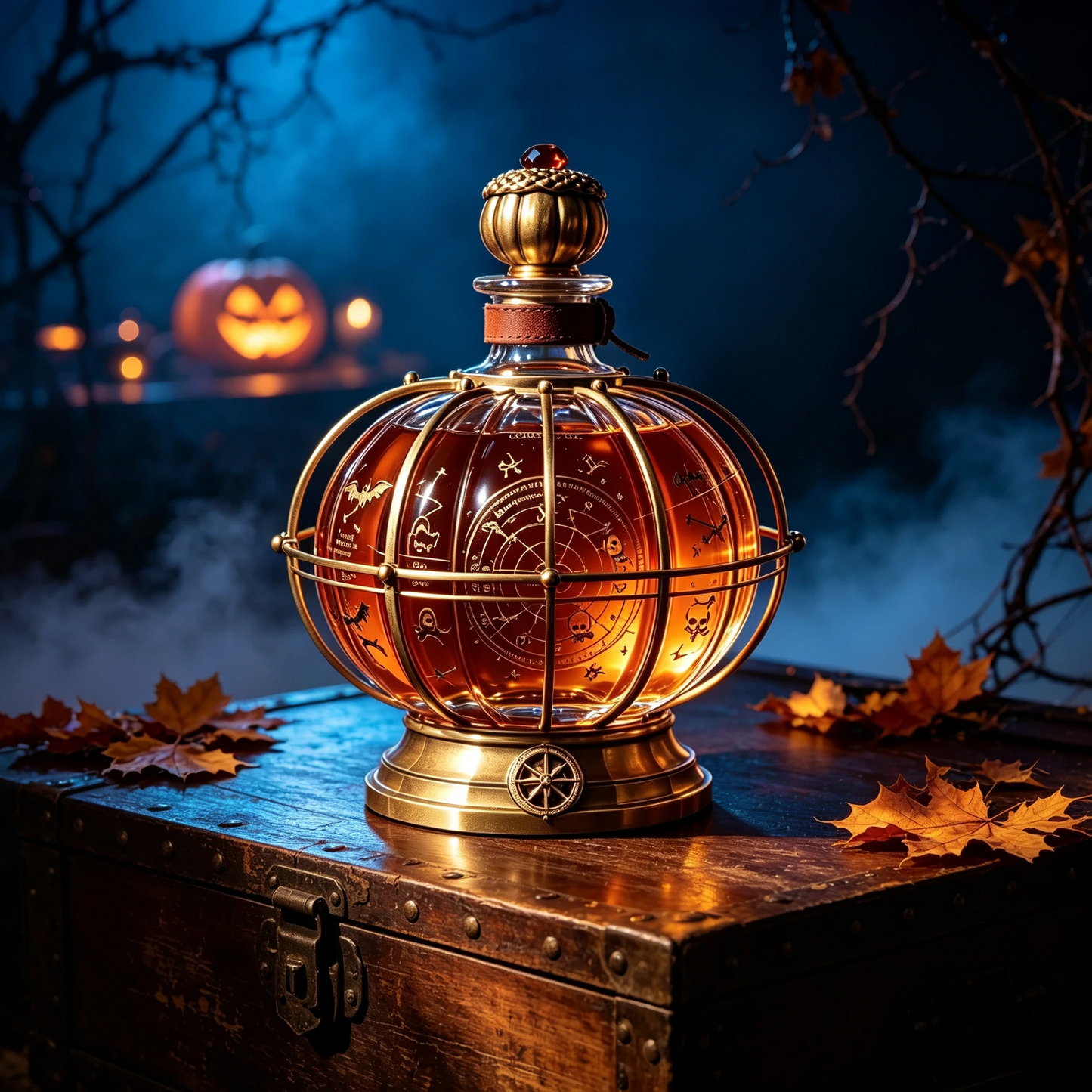 🎃 Halloween Alchemist Pumpkin-Sphere Decanter – Vintage Crystal Whiskey Decanter with Brass Frame & Leather Strap 🥃