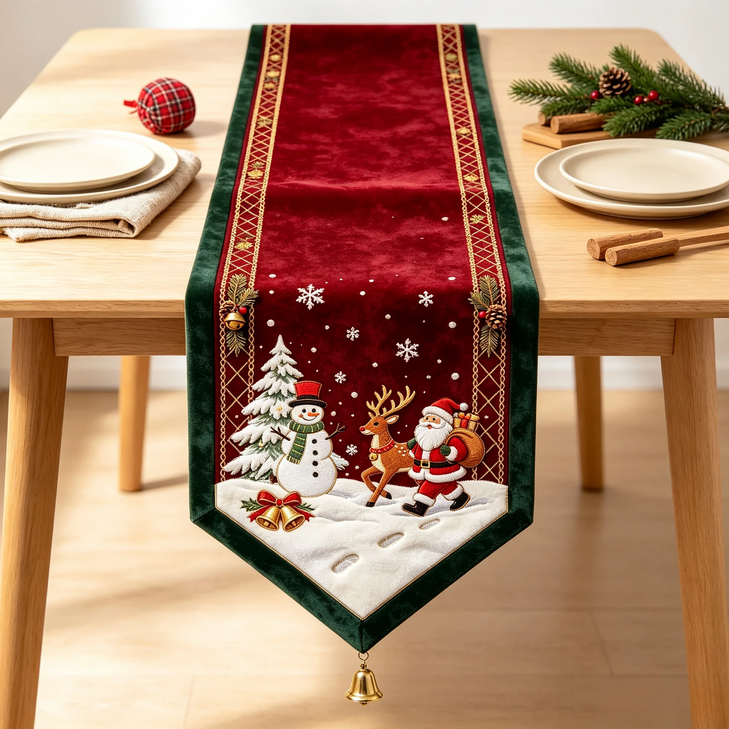 🎄 Embroidered Christmas Table Runner – Velvet Holiday Decor with Golden Bell, 3 Sizes for Dining Tables