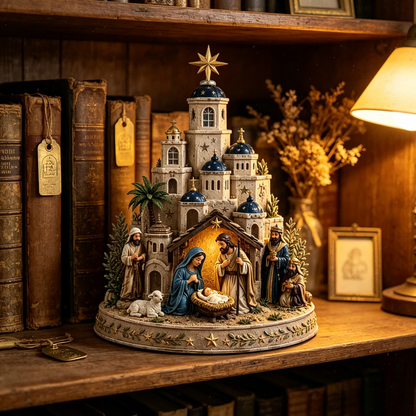 ⛪ Bethlehem Church Nativity Figurine – Classic Blue & White European Style Christmas Tabletop Decor