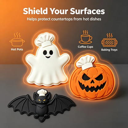 🎃 Halloween Heat-Resistant Mat Set (3 PCS) – Exclusive Ghost, Bat & Pumpkin Chef Design – Spooky Kitchen Decor & Table Protector 🎃