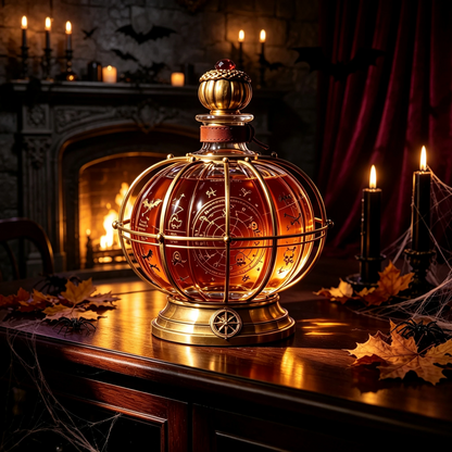 🎃 Halloween Alchemist Pumpkin-Sphere Decanter – Vintage Crystal Whiskey Decanter with Brass Frame & Leather Strap 🥃