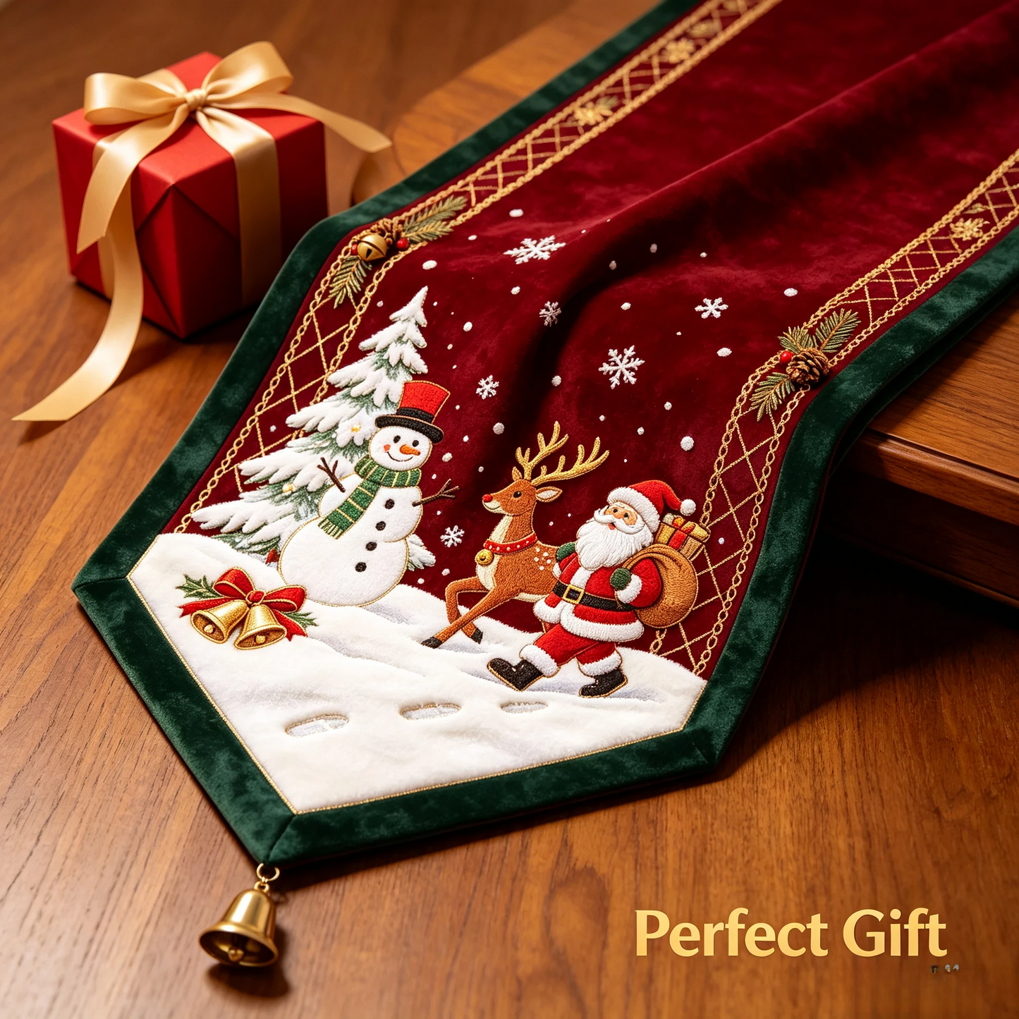 🎄 Embroidered Christmas Table Runner – Velvet Holiday Decor with Golden Bell, 3 Sizes for Dining Tables