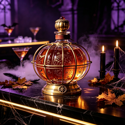 🎃 Halloween Alchemist Pumpkin-Sphere Decanter – Vintage Crystal Whiskey Decanter with Brass Frame & Leather Strap 🥃