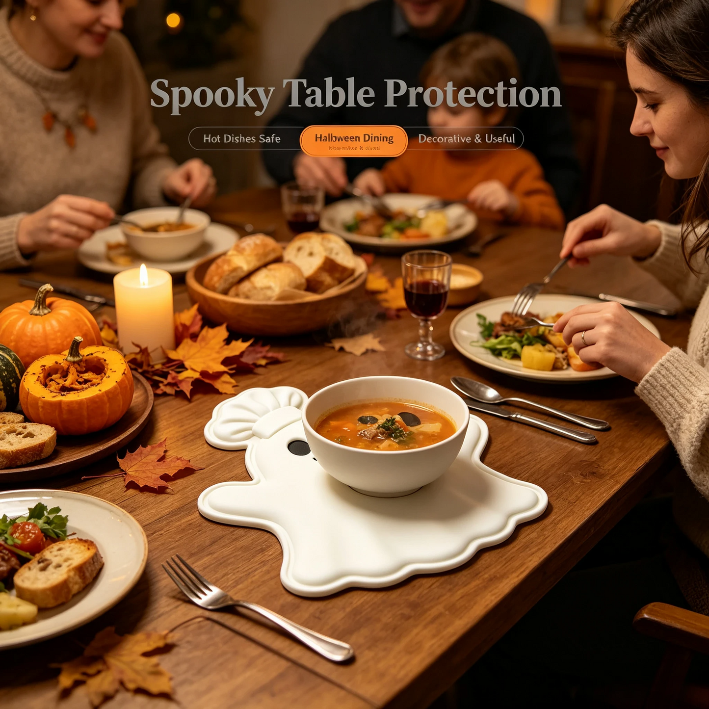 🎃 Halloween Heat-Resistant Mat Set (3 PCS) – Exclusive Ghost, Bat & Pumpkin Chef Design – Spooky Kitchen Decor & Table Protector 🎃
