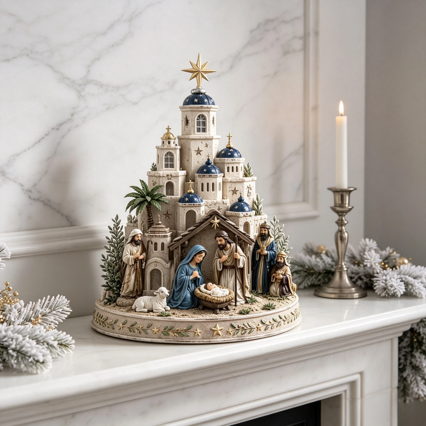 ⛪ Bethlehem Church Nativity Figurine – Classic Blue & White European Style Christmas Tabletop Decor