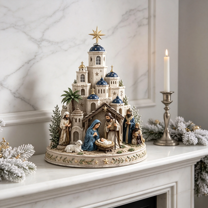 ⛪ Bethlehem Church Nativity Figurine – Classic Blue & White European Style Christmas Tabletop Decor