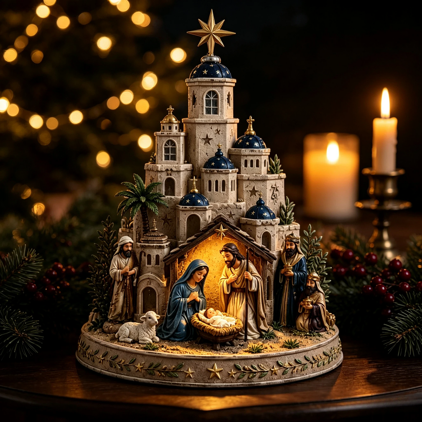 ⛪ Bethlehem Church Nativity Figurine – Classic Blue & White European Style Christmas Tabletop Decor