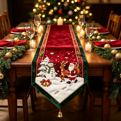 🎄 Embroidered Christmas Table Runner – Velvet Holiday Decor with Golden Bell, 3 Sizes for Dining Tables