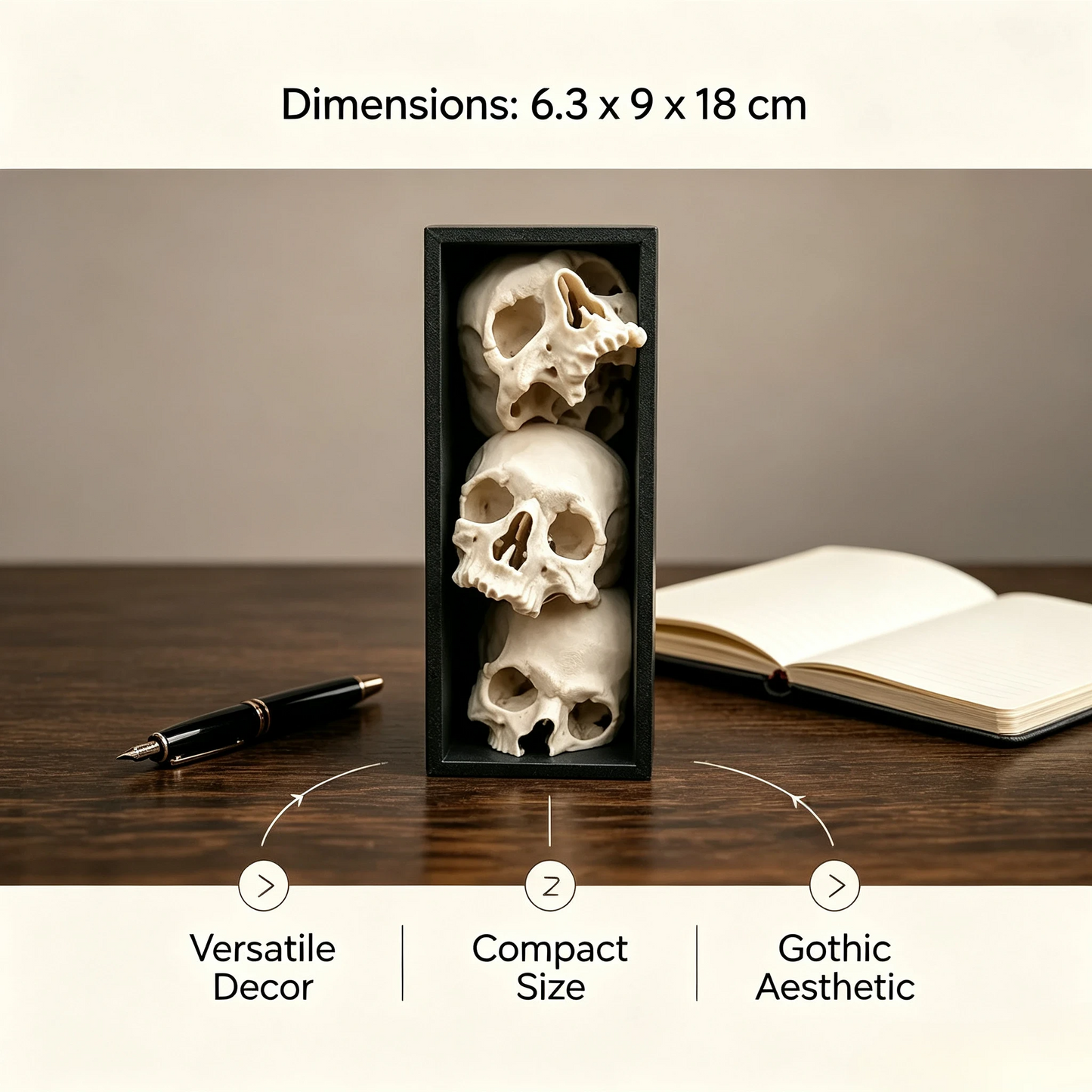 🖤 Triple Skull Bookshelf Decor