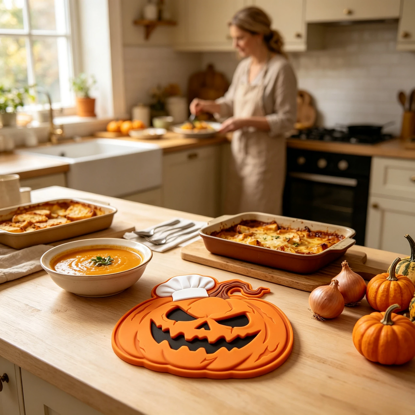 🎃 Halloween Heat-Resistant Mat Set (3 PCS) – Exclusive Ghost, Bat & Pumpkin Chef Design – Spooky Kitchen Decor & Table Protector 🎃