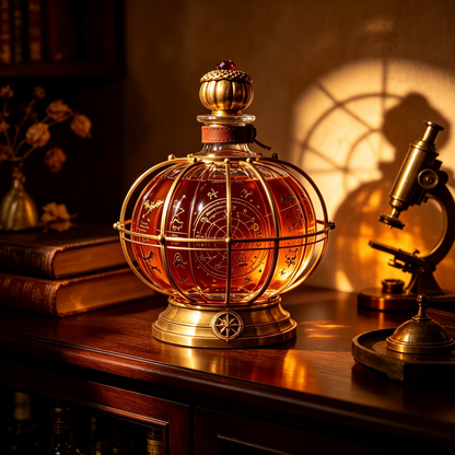 🎃 Halloween Alchemist Pumpkin-Sphere Decanter – Vintage Crystal Whiskey Decanter with Brass Frame & Leather Strap 🥃