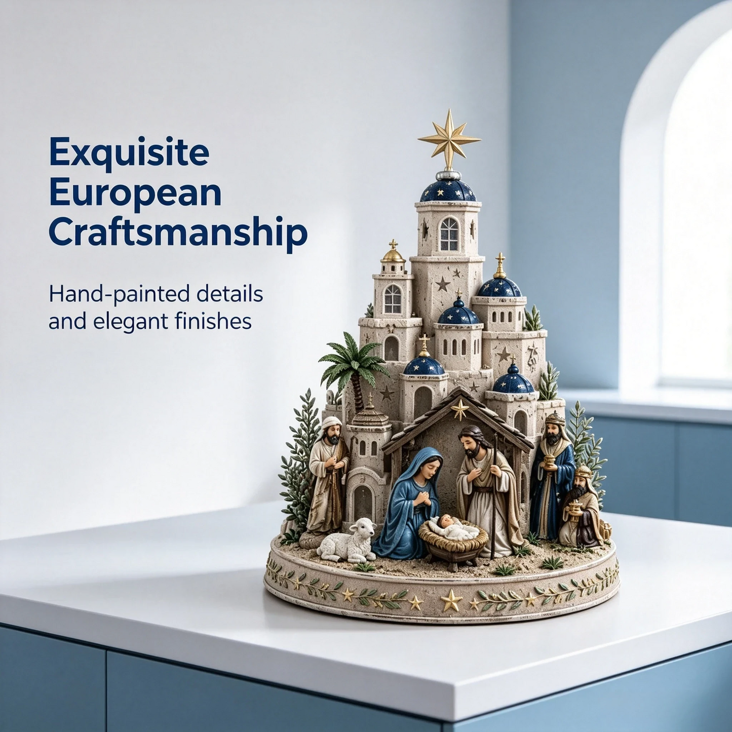 ⛪ Bethlehem Church Nativity Figurine – Classic Blue & White European Style Christmas Tabletop Decor