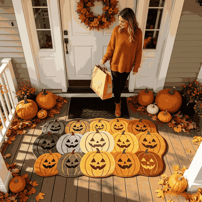 🎃Jack‑O‑Lantern Cluster Halloween Doormat | Pumpkin Shaped Fall Entryway Rug