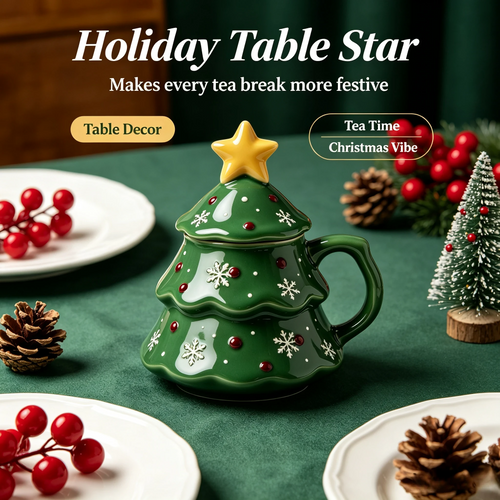 🎄Christmas Tree Ceramic Mug with Star Lid ✨