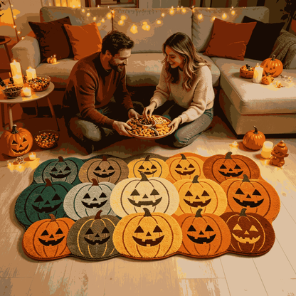 🎃Jack‑O‑Lantern Cluster Halloween Doormat | Pumpkin Shaped Fall Entryway Rug