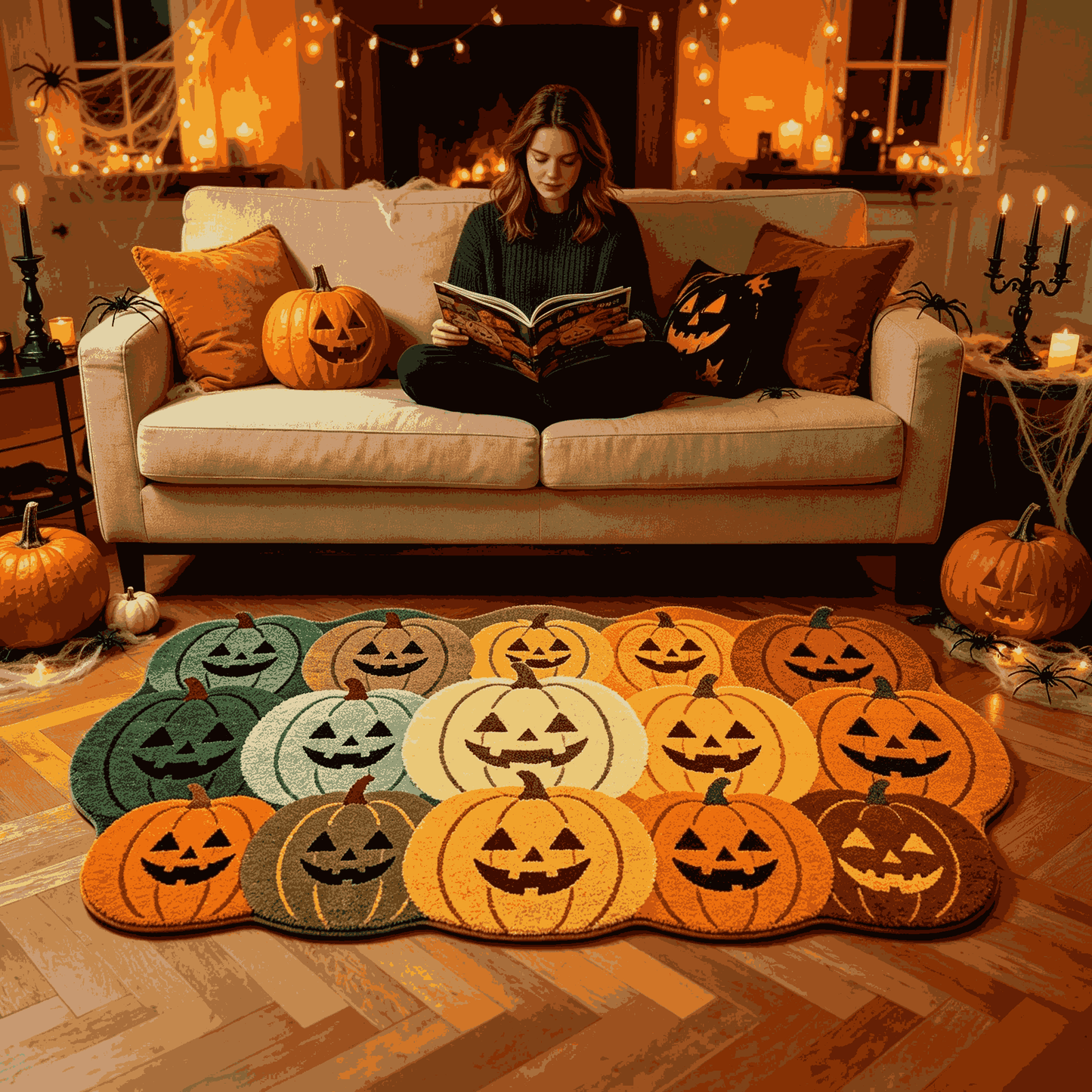 🎃Jack‑O‑Lantern Cluster Halloween Doormat | Pumpkin Shaped Fall Entryway Rug