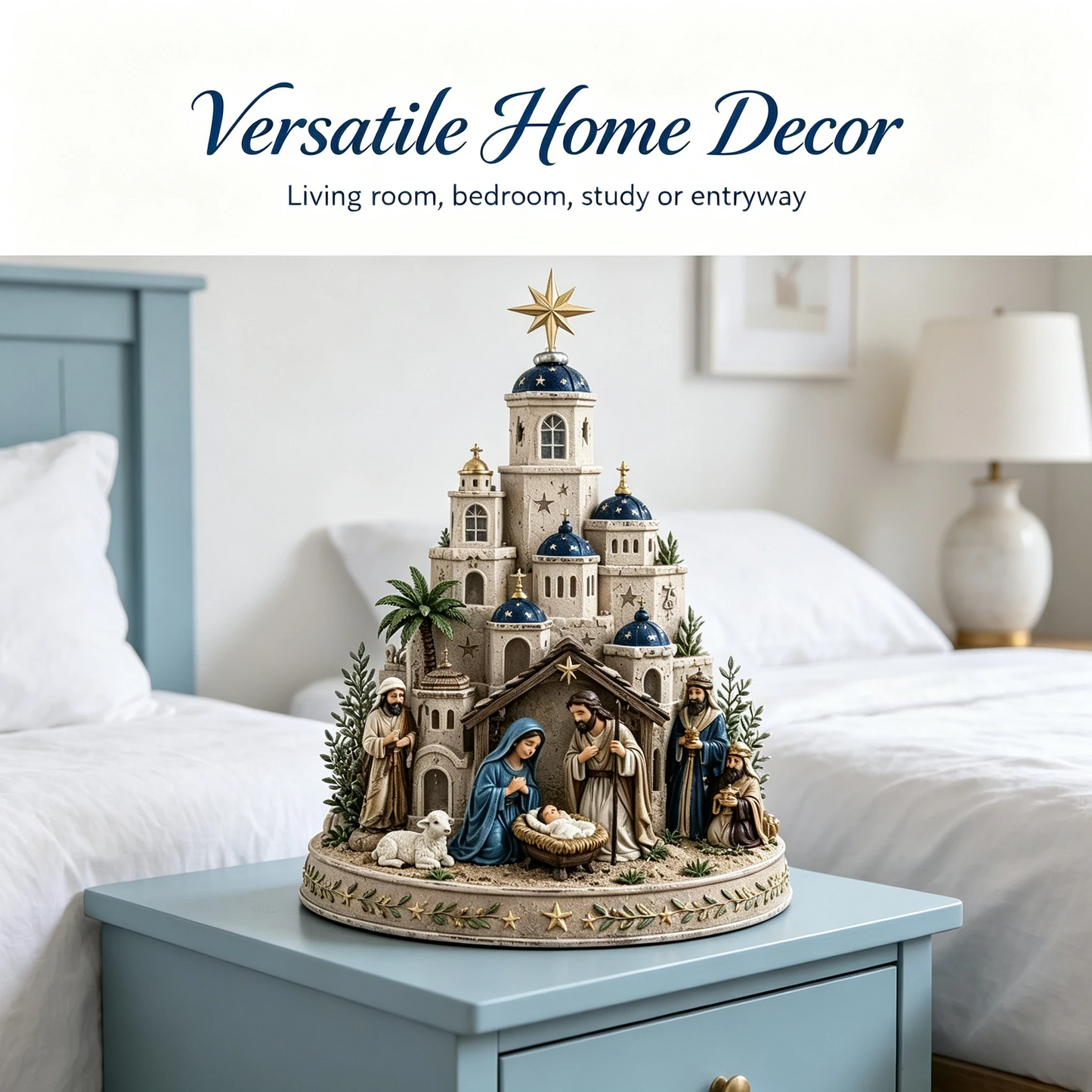 ⛪ Bethlehem Church Nativity Figurine – Classic Blue & White European Style Christmas Tabletop Decor