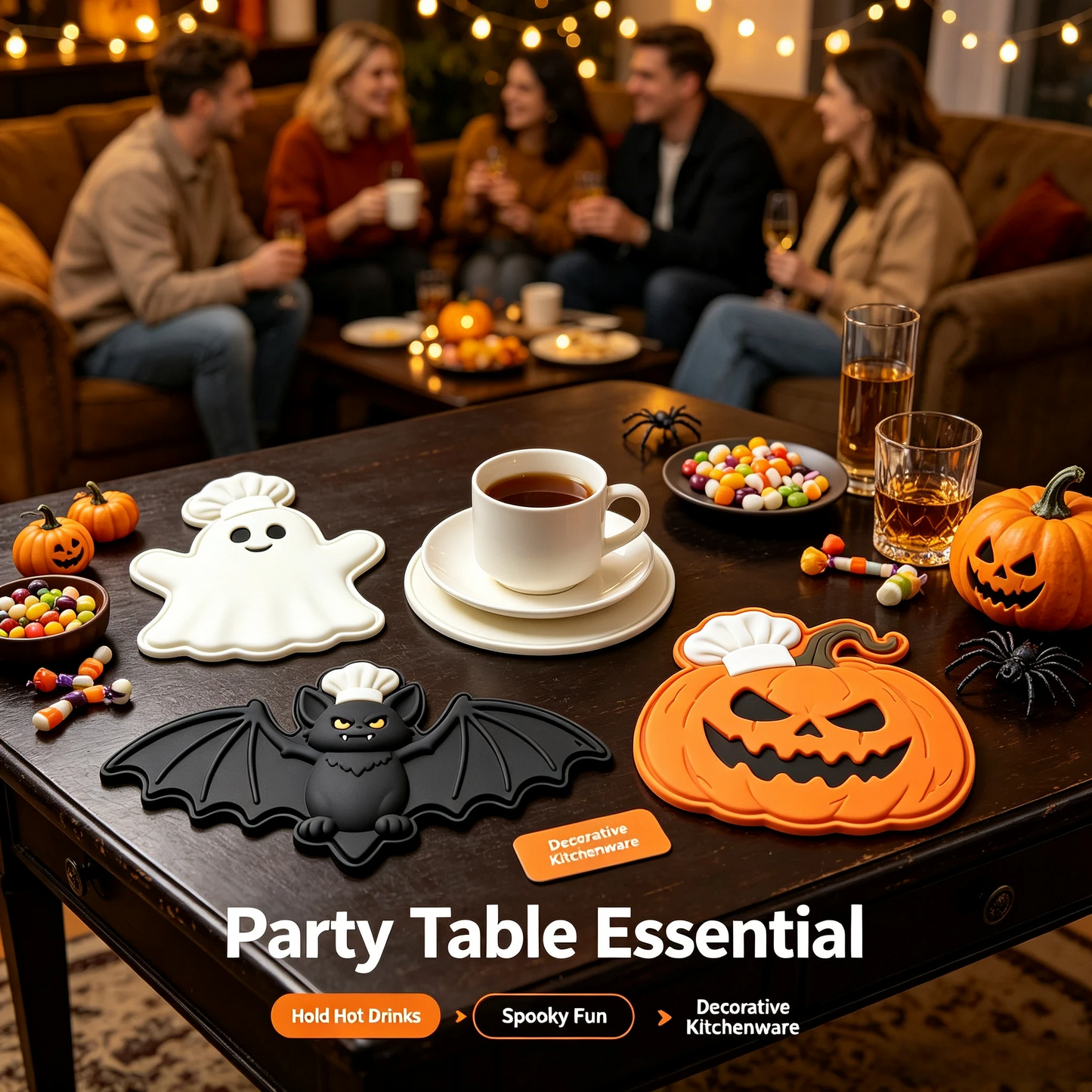 🎃 Halloween Heat-Resistant Mat Set (3 PCS) – Exclusive Ghost, Bat & Pumpkin Chef Design – Spooky Kitchen Decor & Table Protector 🎃