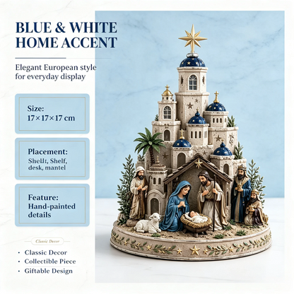 ⛪ Bethlehem Church Nativity Figurine – Classic Blue & White European Style Christmas Tabletop Decor