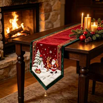 🎄 Embroidered Christmas Table Runner – Velvet Holiday Decor with Golden Bell, 3 Sizes for Dining Tables