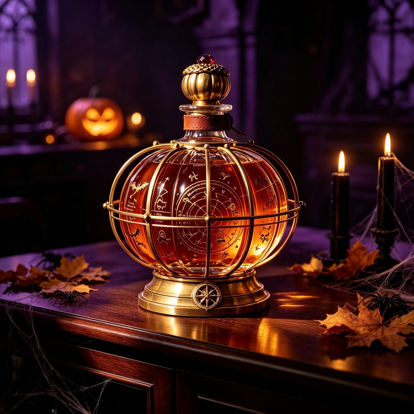 🎃 Halloween Alchemist Pumpkin-Sphere Decanter – Vintage Crystal Whiskey Decanter with Brass Frame & Leather Strap 🥃