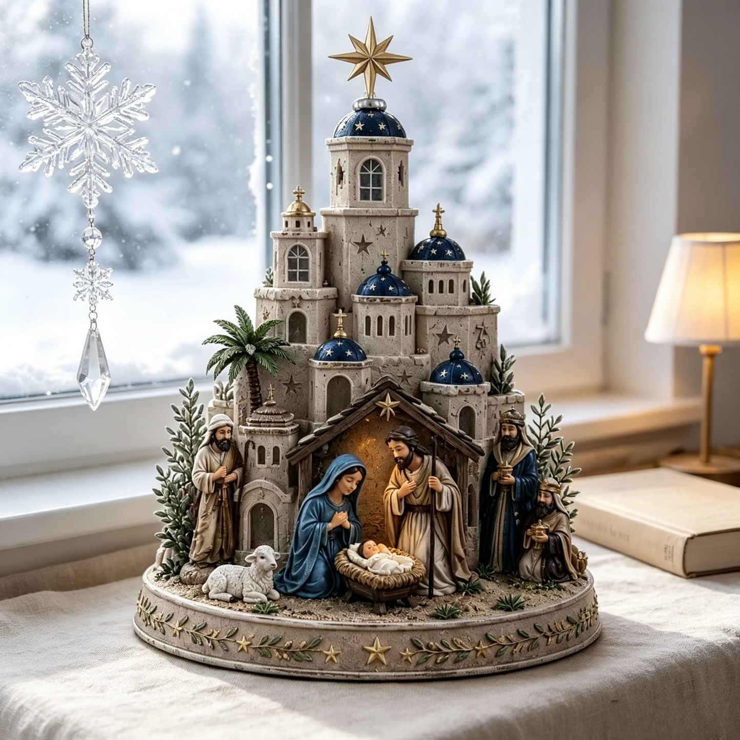 ⛪ Bethlehem Church Nativity Figurine – Classic Blue & White European Style Christmas Tabletop Decor