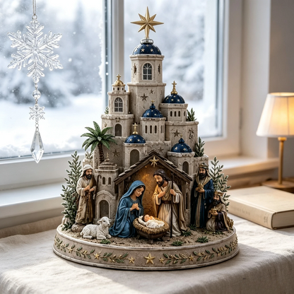 ⛪ Bethlehem Church Nativity Figurine – Classic Blue & White European Style Christmas Tabletop Decor