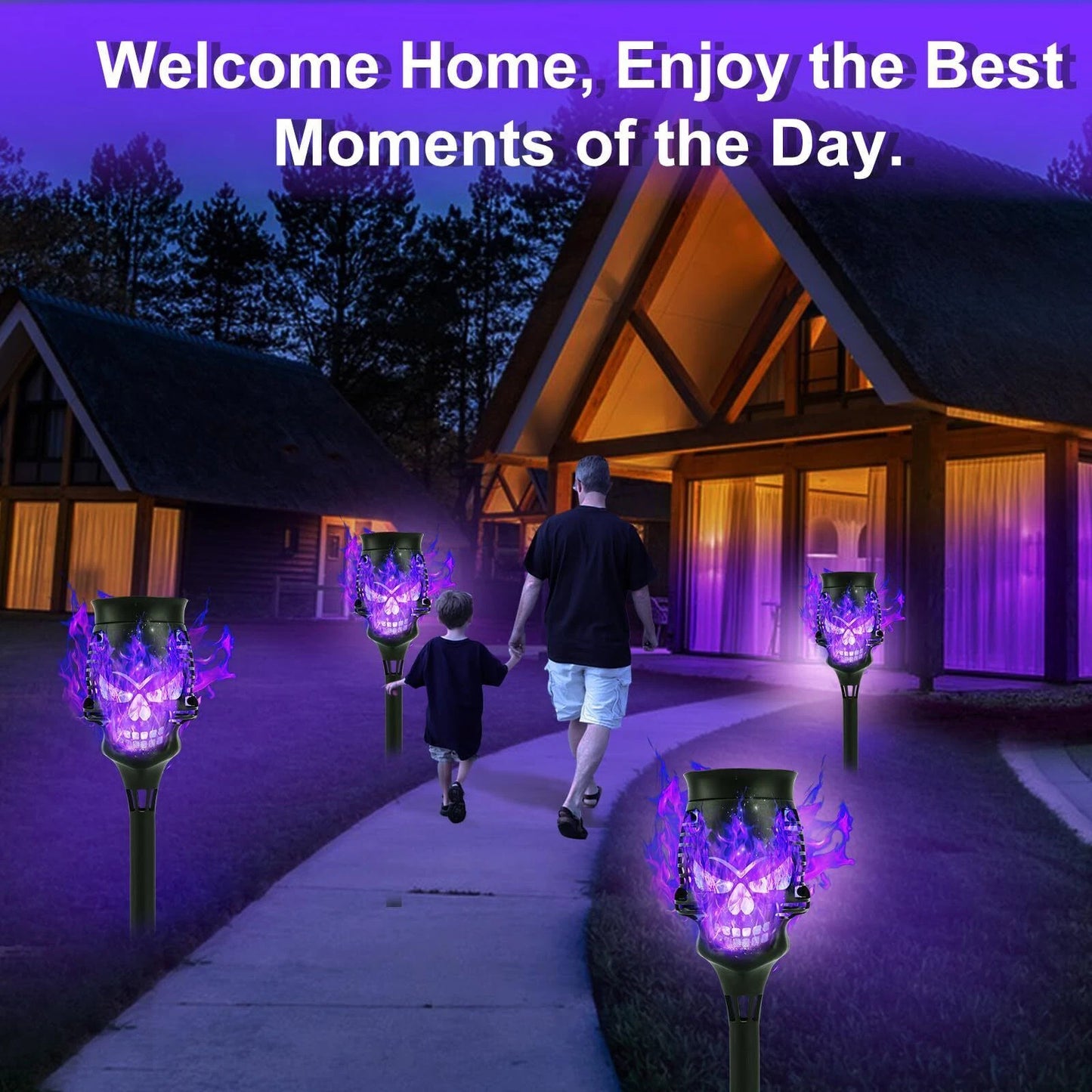 💀4-Pack Skull Purple‑Flame Solar Torch Stake Lights
