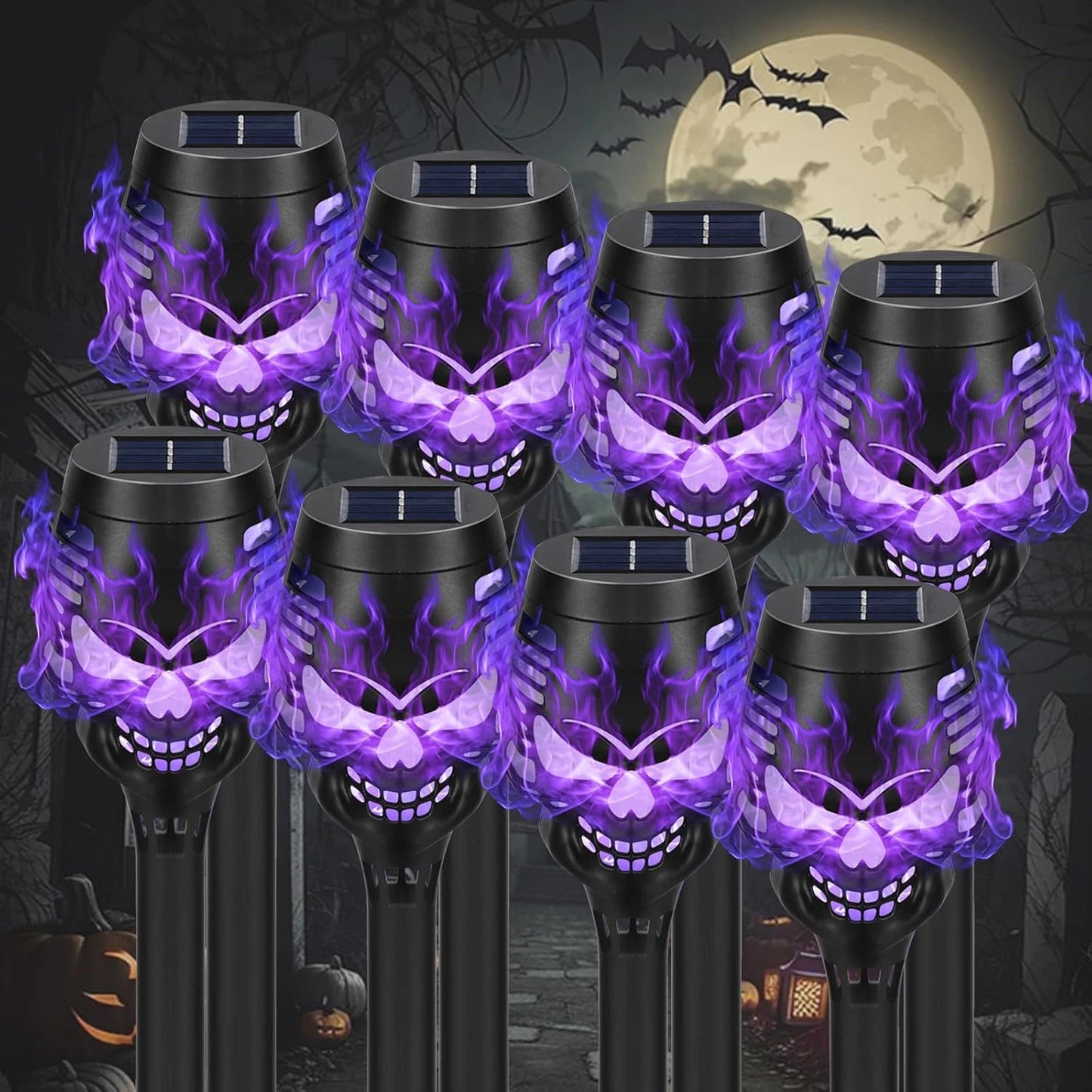 💀4-Pack Skull Purple‑Flame Solar Torch Stake Lights