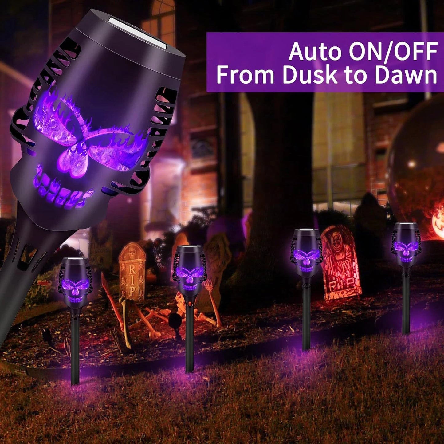 💀4-Pack Skull Purple‑Flame Solar Torch Stake Lights