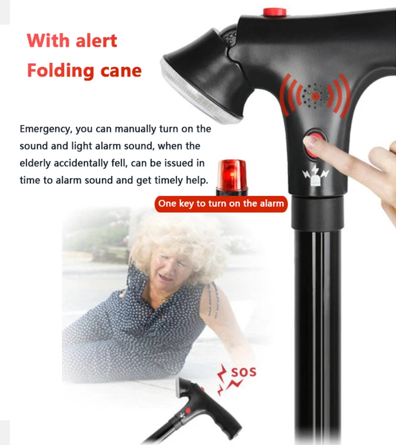 🦯 Foldable Walking Cane for Seniors |10-Level Height Adjustment, Built-in LED Light & One-Click SOS Alarm