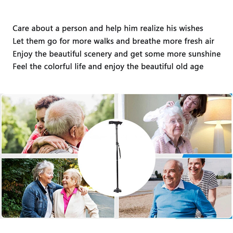 🦯 Foldable Walking Cane for Seniors |10-Level Height Adjustment, Built-in LED Light & One-Click SOS Alarm