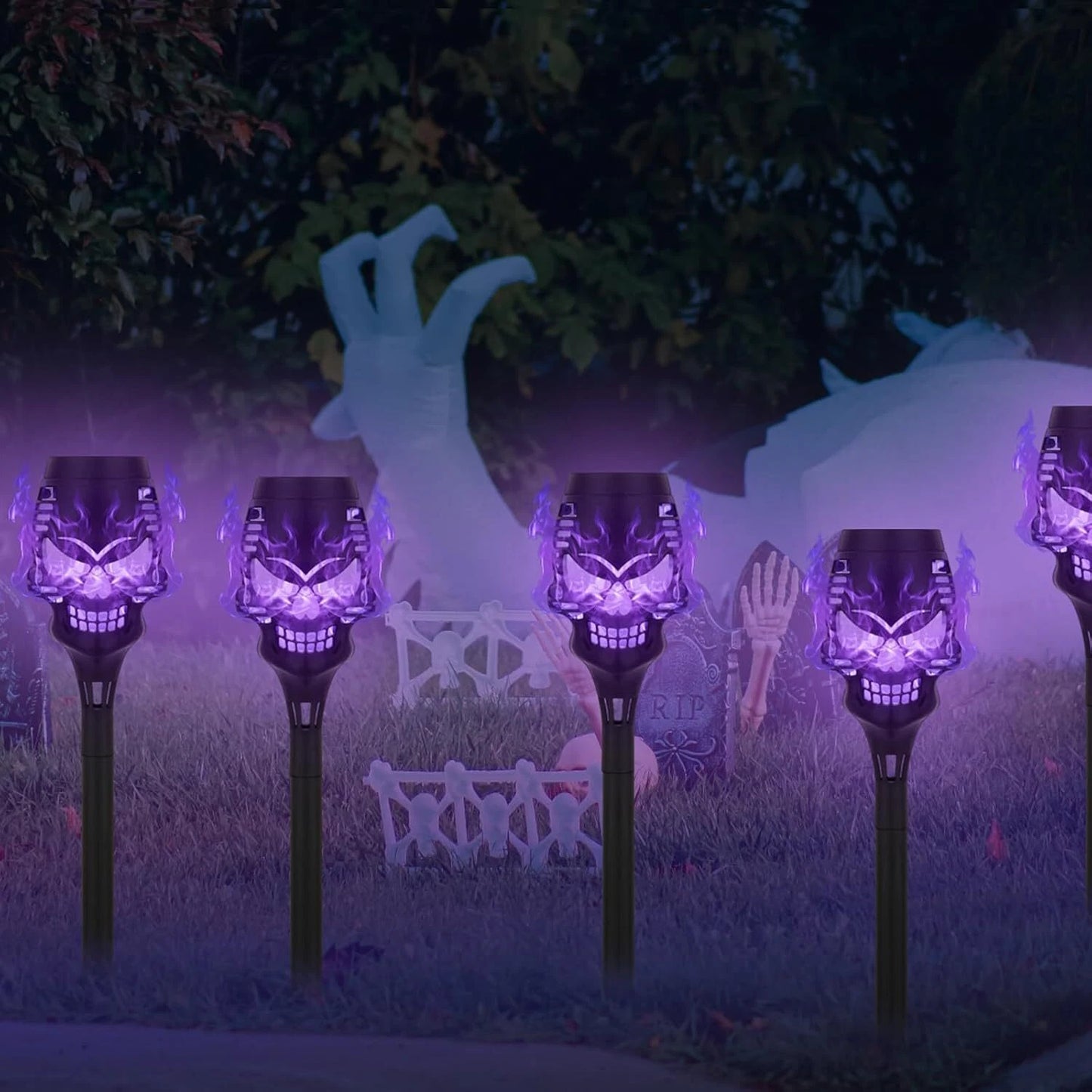 💀4-Pack Skull Purple‑Flame Solar Torch Stake Lights