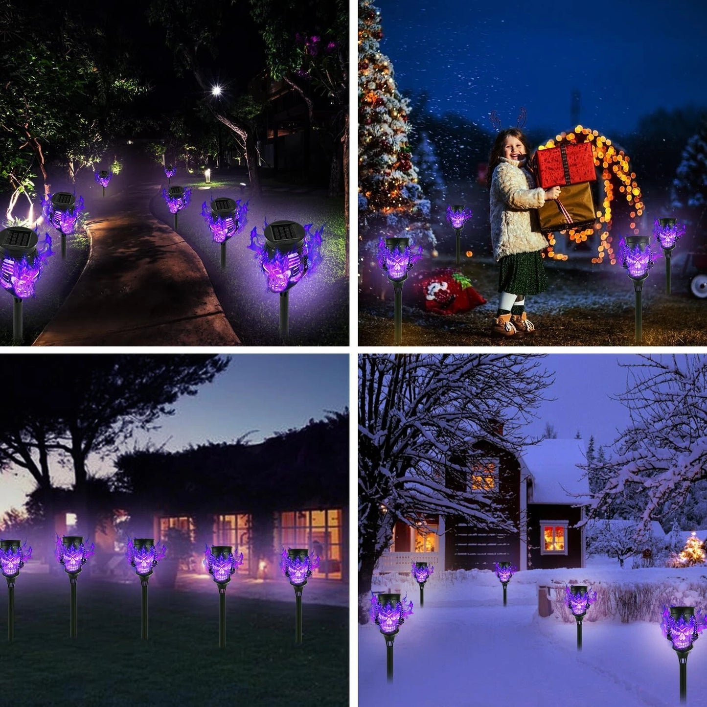 💀4-Pack Skull Purple‑Flame Solar Torch Stake Lights