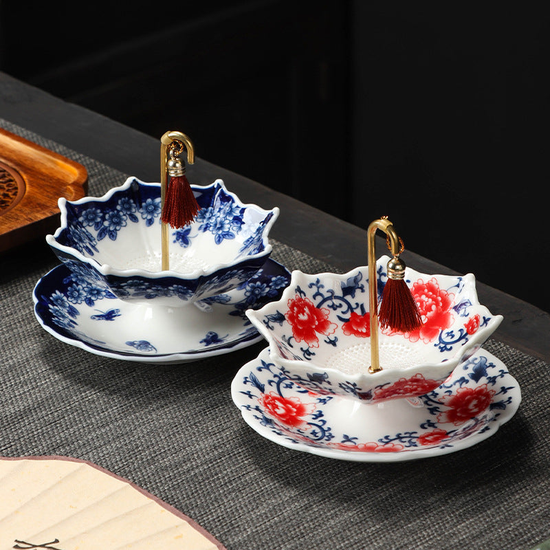☂️🍵Chinese Blue and White Porcelain Tea Strainer Set | Umbrella Shape Ceramic Tea Filter with Saucer