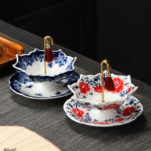 ☂️🍵Chinese Blue and White Porcelain Tea Strainer Set | Umbrella Shape Ceramic Tea Filter with Saucer