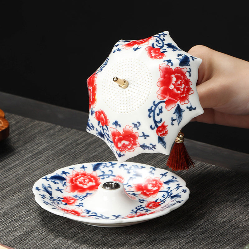 ☂️🍵Chinese Blue and White Porcelain Tea Strainer Set | Umbrella Shape Ceramic Tea Filter with Saucer