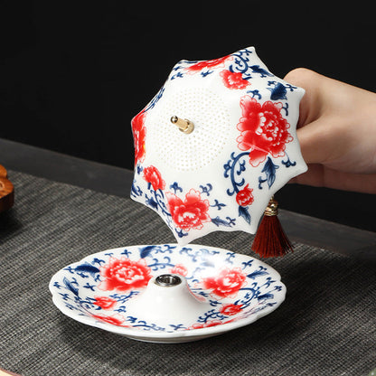 ☂️🍵Chinese Blue and White Porcelain Tea Strainer Set | Umbrella Shape Ceramic Tea Filter with Saucer